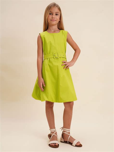 Girls Green Cotton Belted Shift Dress