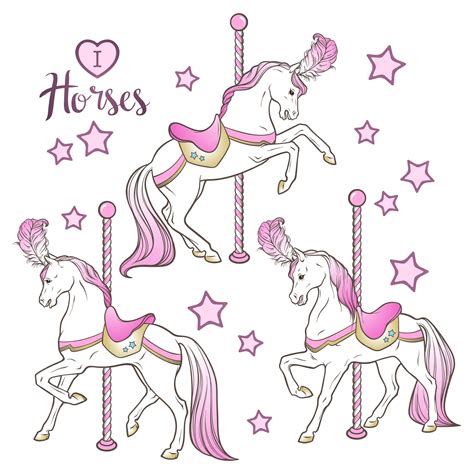 Chevaux et étoiles de carrousel mignons ensemble illustration ...