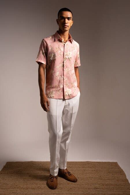 Buy Pink Cotton Linen Printed Flower Under The Sky Shirt For Men by ...