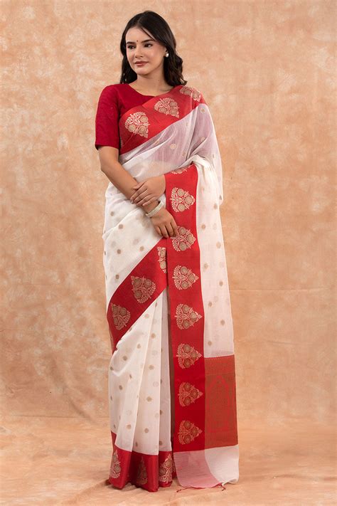 Red & White Cotton Banarasi Saree | Chinaya Banaras