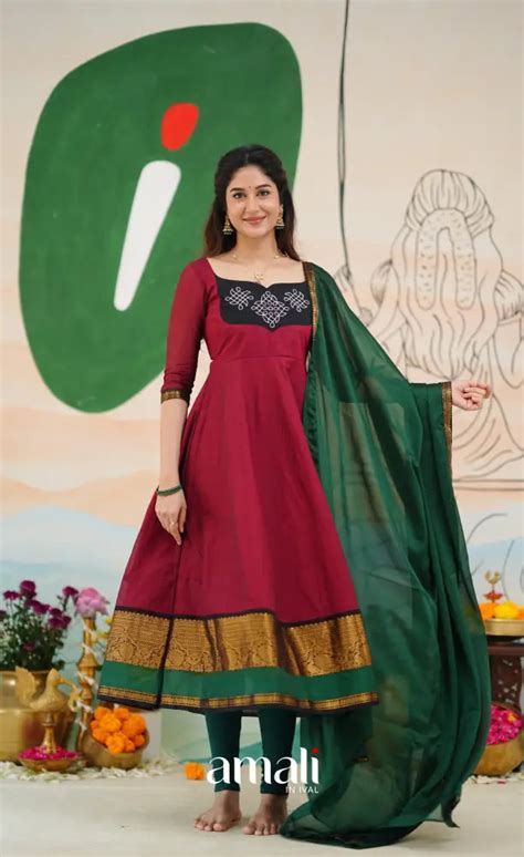 Red and Bottle Green Chettinad Cotton Anarkali – Amali Salwars