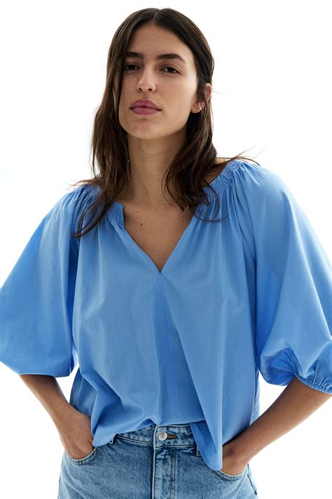 Smock-neck blouse - Light blue - Ladies | H&M IN