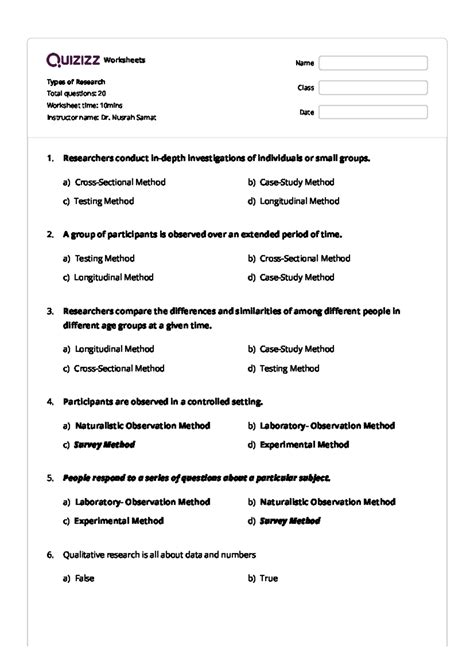 Types of Research Quizizz - Worksheets Types of Research Total ...