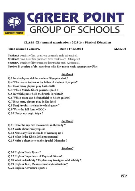 Class XI physical education paper - Class XI physical education General instructions -. Marks ...