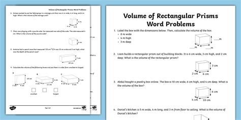 Sixth Grade Volume of Rectangular Prisms Word Problem Worksheet
