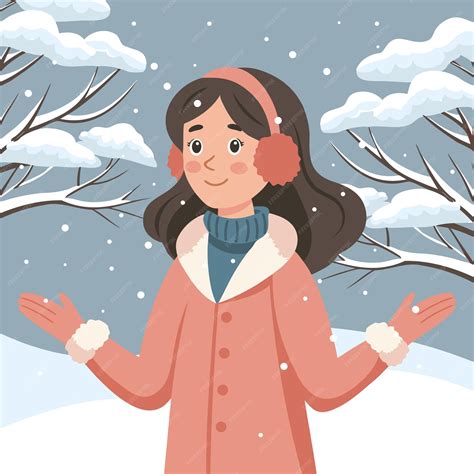 Cute girl in warm winter clothes catches snowflakes illustration for ...