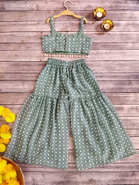 Sage Green Printed Kids Crop Top & Sharara Set