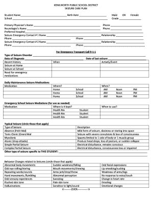 Fillable Online KENILWORTH PUBLIC SCHOOL DISTRICT SEIZURE CARE PLAN Fax ...