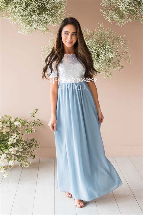 Dusty Blue Chiffon Sequin Maxi Dress | Beautiful Modest Bridesmaids ...