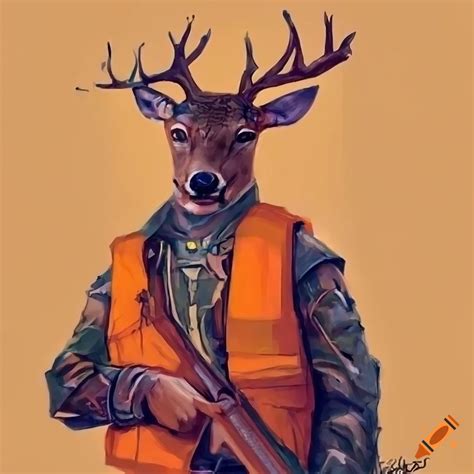 Concept art of an american hunter with orange vest and deer head on Craiyon