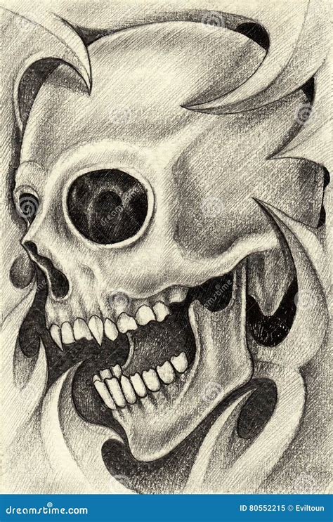 Skull Tattoo. Hand Pencil Drawing on Paper. Stock Illustration ...