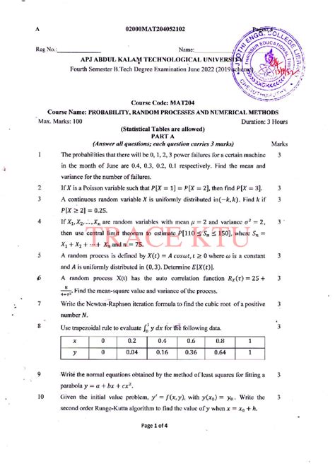 MAT204 JUNE 2022 - Probability and Random Processes Question Paper ...