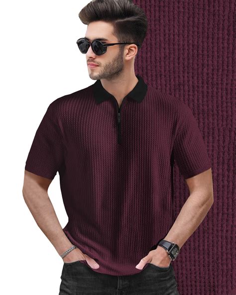 Polo Collar Maroon Black Contrast Waffle Textured T-shirt – TRIPR