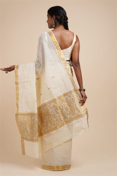 Teejh Anjila White and Gold Kerala Cotton Kasavu Saree