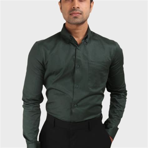 xkind BOTTLE GREEN SATIN SLUB SLIM FIT SHIRT