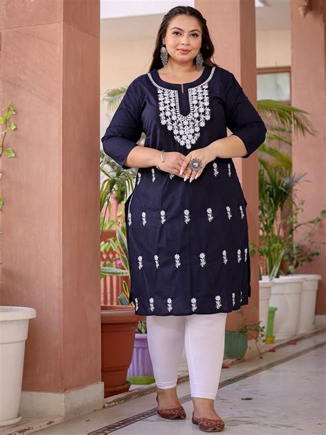 Blue & White Embroidered Plus Size Chikankari Kurti – Yufta Store