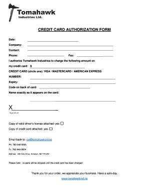 Fillable Online tomahawkind CREDIT CARD AUTHORIZATION FORM - Tomahawk ...
