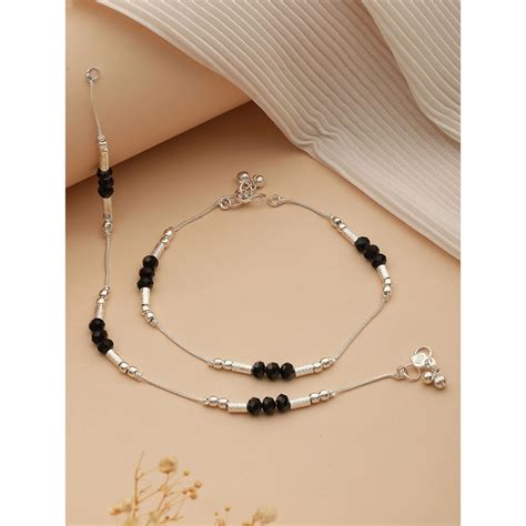 Buy Aatmana Set of 2 Silver Plated & Black Crystal Beaded Anklets Online