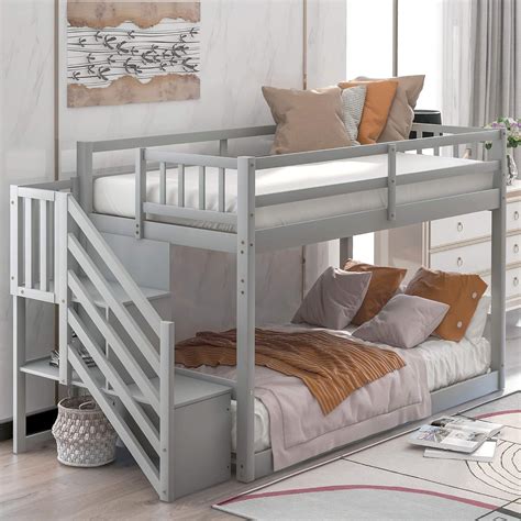 Buy Twin Over Twin Floor Bunk Bed with Stairs and Storage Shelves ...