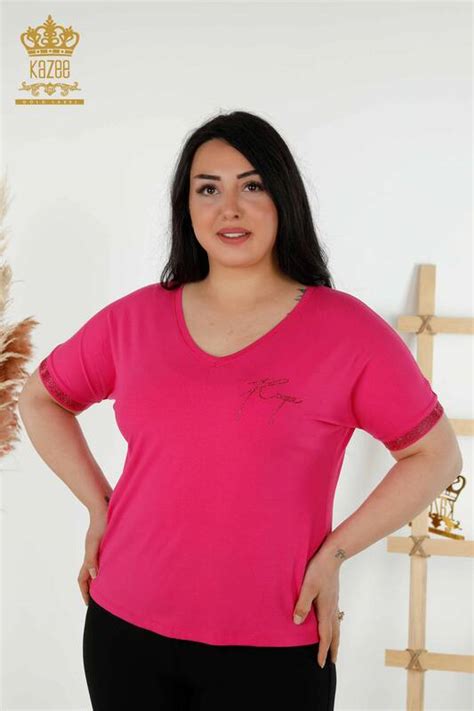 Großhandel Damenbluse Button Detaillierte Fuchsia - 79297 | KAZEE