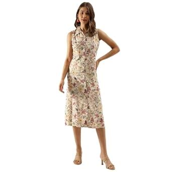 Buy Divena Cream Floral Printed Rayon Midi Dress with Attached Sleeves ...