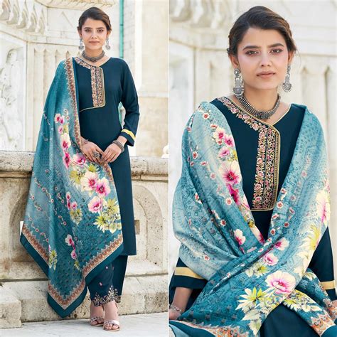 Teal Blue Embroidered Rayon Kurti Pant Set With Dupatta