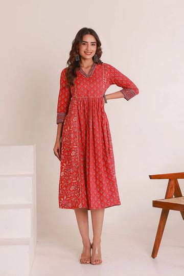 Red Floral Print Midi Pure Cotton Ethnic Dress with Gotta Work Detail ...