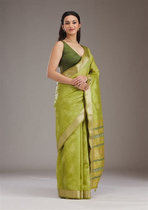 Buy Parrot Green Zariwork Tissue Saree - Koskii
