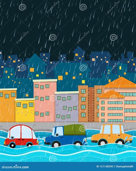 风雨如磐的夜和洪水城市 向量例证. 插画 包括有 道路, 背包, 图画, 汽车, 充斥, 淹没, 布琼布拉 - 121138290