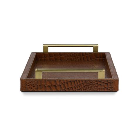 Eden Rectangular Tray In Genuine Croco Leather Tan