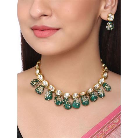 Buy SHOSHAA Green Gold Ethnic Artificial Stones Handcrafted Necklace ...