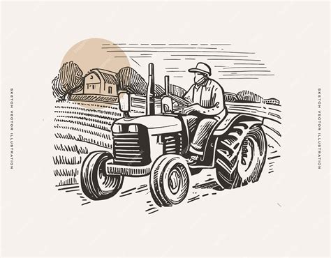 Premium Vector | Farmer on tractor agricultural drawing