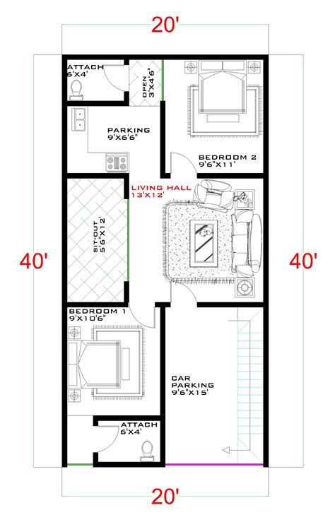 20 by 40 house plan with car parking|20*40 house plan 3d|20x40 house ...