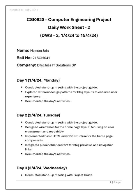21BCM041 DWS-2 - CSI0920 – Computer Engineering Project Daily Work ...