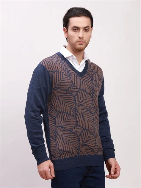 Colorplus Men Blue Jacquard Tailored Fit Wool Blend Full Sleeve V Neck ...