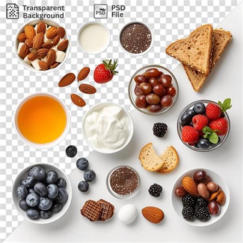 Amazing breakfast foods set up on a transparent background with a ...
