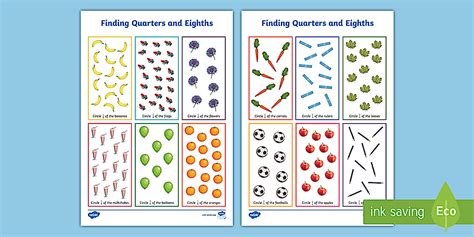 Finding Quarters and Eighths Worksheet
