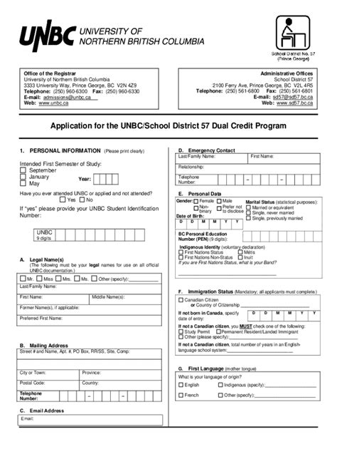 Fillable Online School District No 57 Admin 2100 Ferry Ave Prince ...