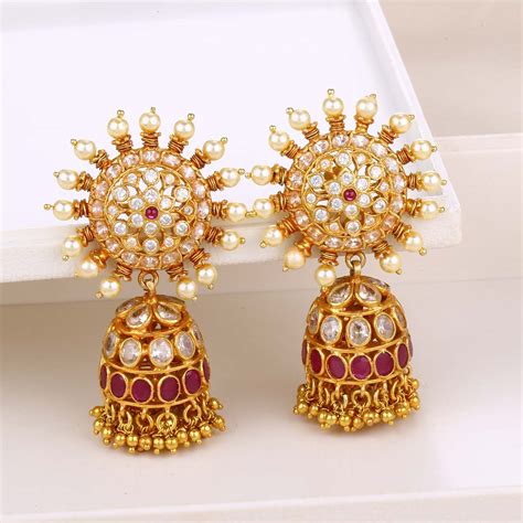 Buy Dhursha Stone Jhumkas | 92.5 Gold Plated Stone Earrings Online ...