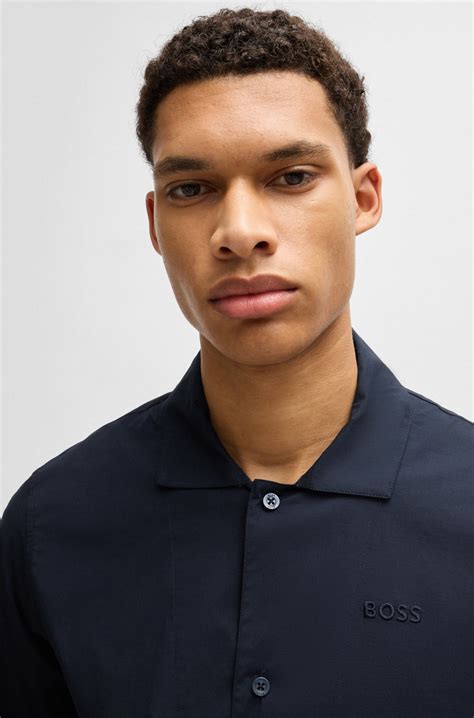 BOSS - Two-piece poplin pyjama set with embroidered branding - Dark Blue