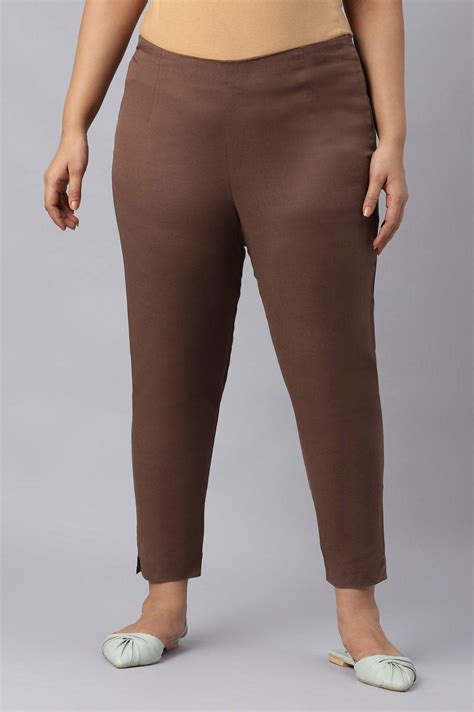 Buy Deep Brown Solid Women Plus Size Slim Pants @ 1099 | W for woman ...