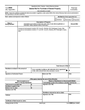 Fillable Online treasury Form 2222 (Rev. 8-2001). Sealed Bid for ...
