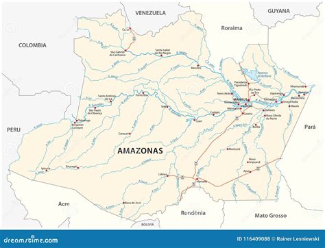 Road Vector Map of the Brazilian State Amazonas, Stock Vector - Illustration of mapping ...