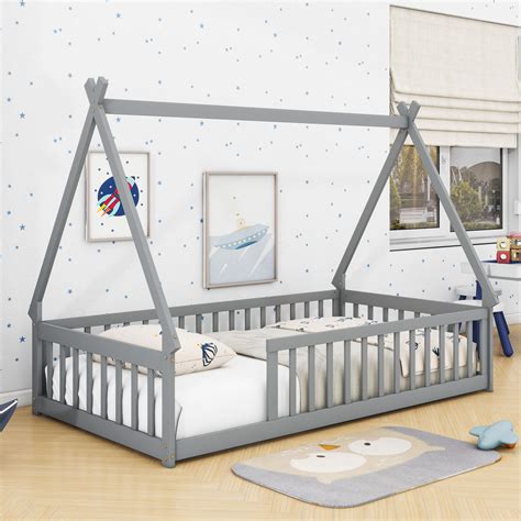 Harper Orchard Twin-Sized Floor Bed With Safety Guardrails And Slats ...