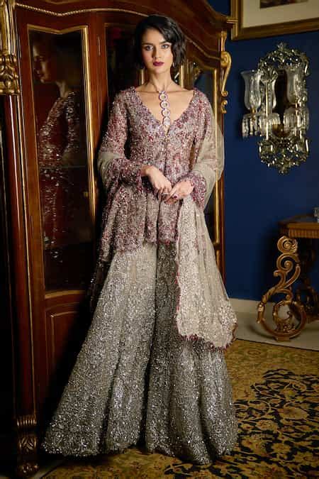 Buy Red Net Cut Work, Beads, Sequins V-neck Embroidered Peplum Kurta ...