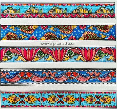 Madhubani Fish Borders - Soulful Art by Arpita | Hand painting art, Folk art painting, Boho art ...