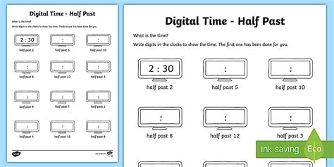 Digital Time – Half Past Worksheet / Worksheet
