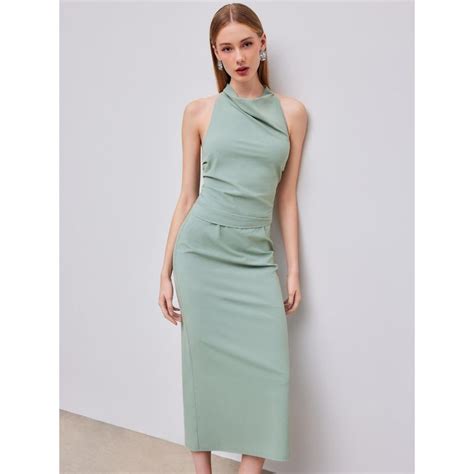 Buy Cider Pale Green Cotton Blend Halter Mid Rise Co-Ord (Set of 2) Online