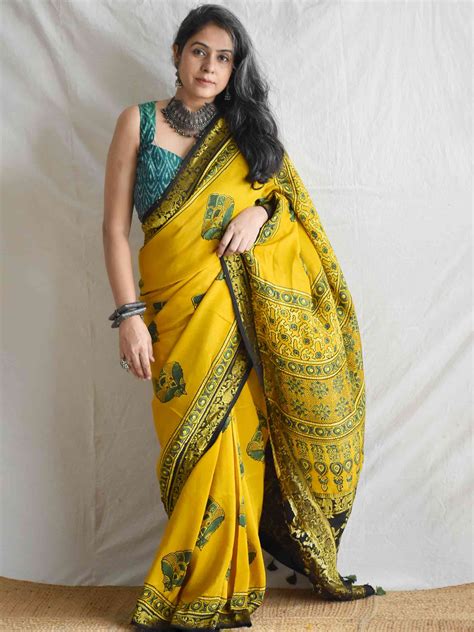 Sunshine - Buy Ajrakh Hand Block Printed Modal Silk Saree Online
