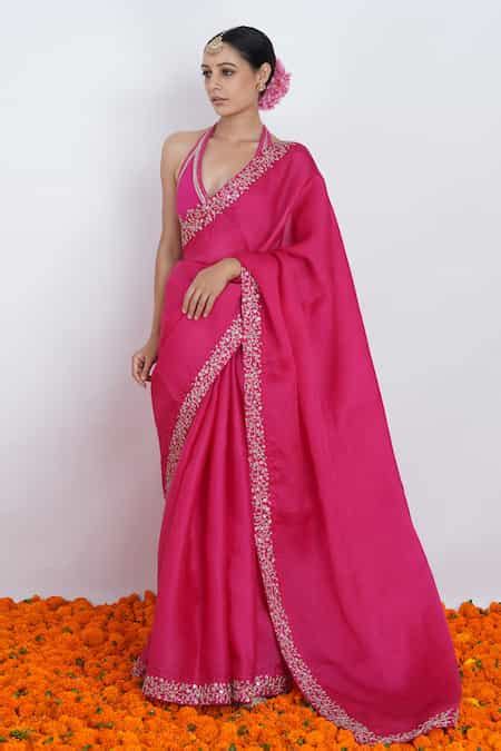 Buy Pink Viscose Georgette, Satin Silk Organza Sequin, Gullal Saree ...